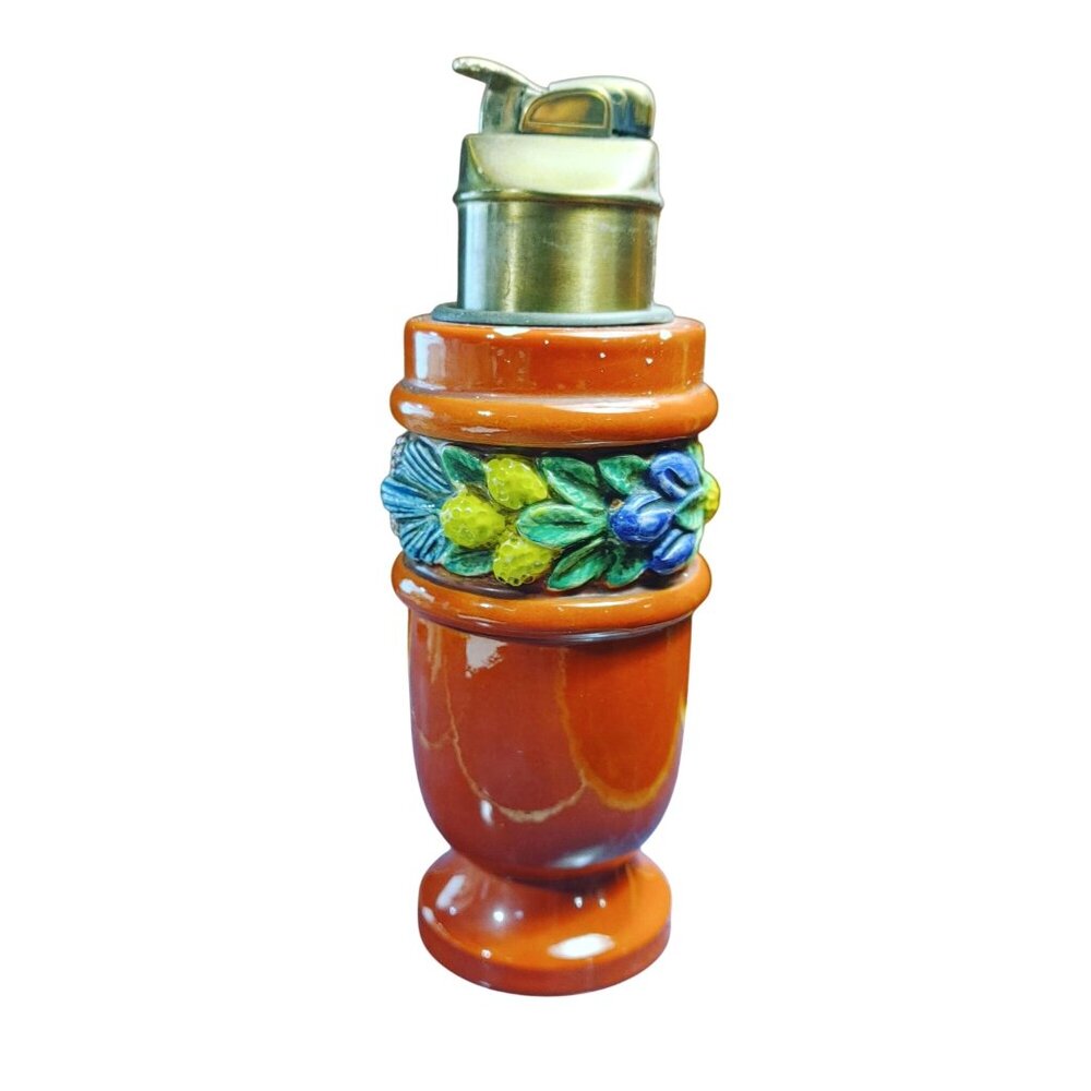 Italian Ceramic Brass Table Lighter Vintage Fruit Stamp Italy Flint Mechanism